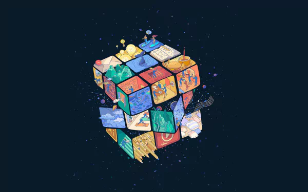 HD wallpaper featuring a colorful Rubik's cube with each section depicting different detailed illustrations, set against a dark background.