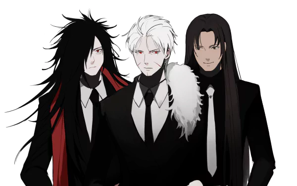 Anime-style 4K Ultra HD wallpaper featuring Madara Uchiha, Hashirama Senju, and Tobirama Senju from Naruto, dressed in black suits against a white background.