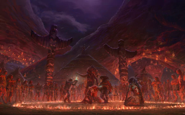 Artistic HD PC desktop wallpaper depicting a Native American ceremonial scene with totem poles, dancers, and glowing firelight under a dramatic, dark sky.