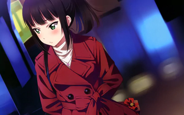 Dia Kurosawa from Love Live! Sunshine!! in a red coat, green-eyed, standing against blurred neon city lights — 4K Ultra HD PC desktop wallpaper and background.