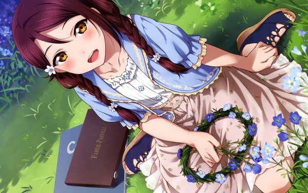 Riko Sakurauchi from Love Live! Sunshine!! sits on grass holding a flower crown, with a book nearby. 4K Ultra HD anime desktop wallpaper and background.