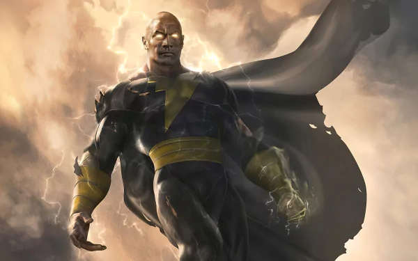 HD PC desktop wallpaper featuring Black Adam from the DC Comics movie, depicted in a powerful pose with a glowing lightning symbol on his chest and dramatic clouds in the background.