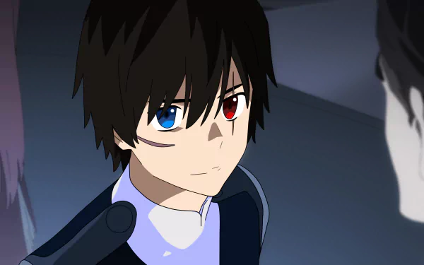 Hiro (Darling in the FranXX) with heterochromia—one blue eye, one red—gazes forward in a moody anime scene, rendered as a 4K Ultra HD PC desktop wallpaper/background.