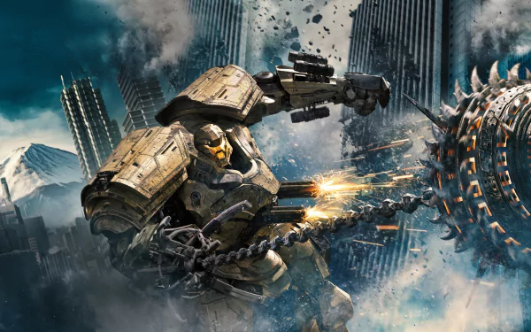 5K Ultra HD PC desktop wallpaper of a Jaeger robot from Pacific Rim: Uprising clashing with a spinning drill weapon amid a stormy, ruined city skyline.