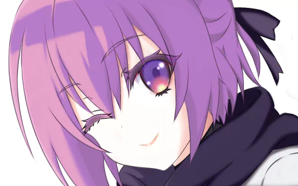 Shinobu Sarutobi from High School Prodigies Have It Easy Even in Another World! — close-up winking portrait with purple hair and eyes, black scarf and ribbon; 2K Quad HD PC wallpaper.