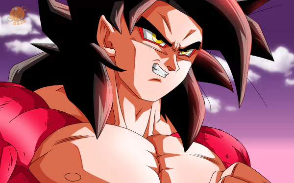 Super Saiyan 4 Goku with black hair and red fur, scowling against a purple sky — Dragon Ball GT/Dragon Ball Super anime 5K Ultra HD PC desktop wallpaper.
