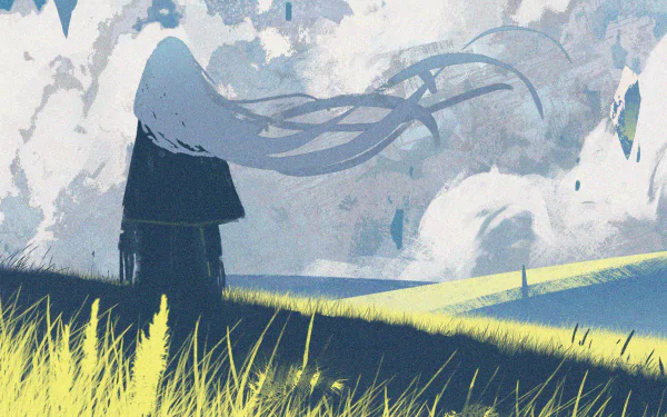 HD anime-style original artwork of a figure standing in a sunlit meadow under a cloudy sky, designed as a vibrant PC desktop wallpaper background.