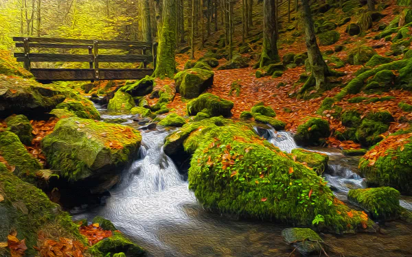 4K Ultra HD PC desktop wallpaper and background: serene forest stream winding over mossy rocks, wooden footbridge and autumn foliage in a sunlit woodland.