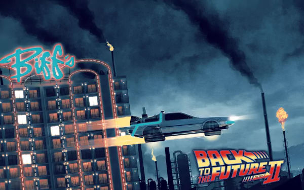 2K Quad HD PC desktop wallpaper of the DeLorean car from the movie Back to the Future Part II flying past a neon-lit hotel and city skyline.