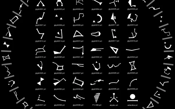 A sleek HD desktop wallpaper featuring various symbols from the iconic TV show Stargate SG-1, displayed in a circular arrangement against a black background.