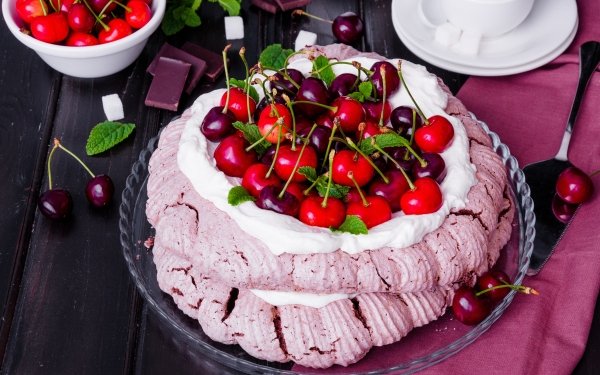 Food Cake Cherry Cream Dessert Meringue Pastry Still Life Pavlova HD Wallpaper | Background Image