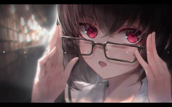 Anime-style character with brown hair, red eyes, and glasses, set against a blurred background. HD wallpaper for desktop.
