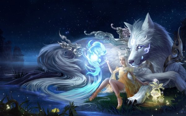 Fantasy Sorceress Water Night Wolf Magic Spirit White Hair Animal Ears HD Wallpaper | Background Image