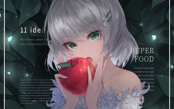 Anime-style artwork of a character with grey hair and striking green eyes holding a red apple, presented as a 4K Ultra HD PC desktop wallpaper background.