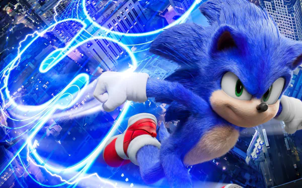 HD PC desktop wallpaper featuring Sonic the Hedgehog from the movie, racing through a city with blue electric energy trails.
