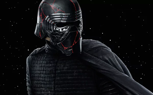 HD desktop wallpaper featuring Kylo Ren from Star Wars: The Rise of Skywalker, showcasing his cracked black helmet against a starry background.