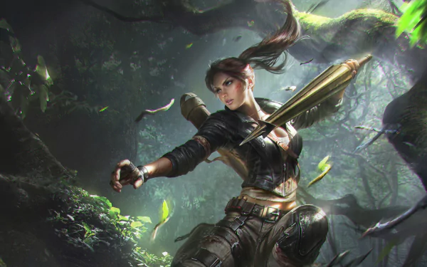 HD PC desktop wallpaper of a brown-haired woman warrior in leather armor, armed with a bow and dagger, poised amid a misty fantasy forest background.