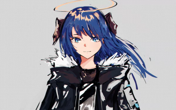 HD PC desktop wallpaper of Mostima (Arknights) — stylized portrait of a blue-haired operator in a black fur-collared coat with a halo above her head; video game artwork background.