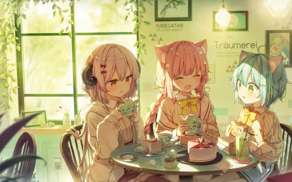 HD anime wallpaper with characters having animal ears, enjoying tea and cake in a cozy, sunlit cafe. Lush greenery outside the window, creating a warm and inviting atmosphere.