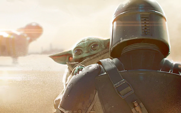 HD PC desktop wallpaper featuring The Mandalorian holding Grogu (Baby Yoda) from the TV show The Mandalorian in a soft, glowing background.