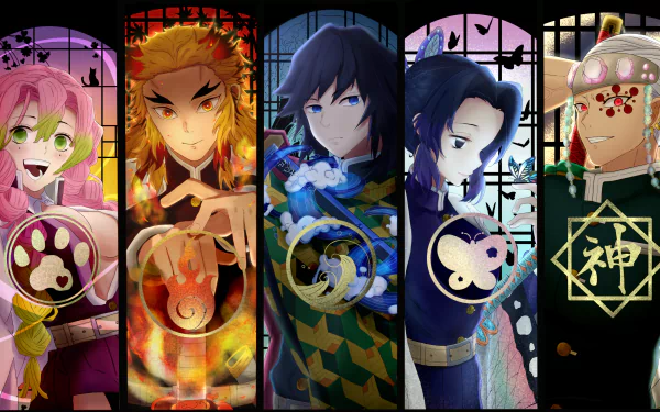 High-definition desktop wallpaper featuring characters Tengen Uzui, Shinobu Kochou, Sanemi Shinazugawa, Obanai Iguro, Muichiro Tokito, Mitsuri Kanroji, Kyojuro Rengoku, Gyomei Himejima, and Giyuu Tomioka from Demon Slayer: Kimetsu no Yaiba.