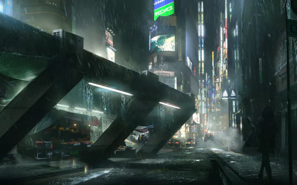 Rain-slick sci-fi city street at night with neon towers, elevated walkways and misty reflections — HD PC desktop wallpaper and background.
