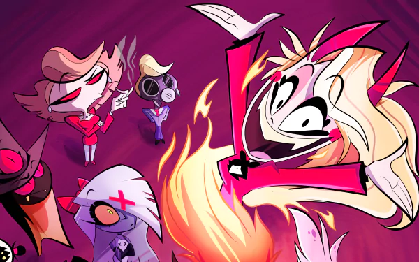 4K Ultra HD PC desktop wallpaper featuring vibrant characters from the TV show Hazbin Hotel around a glowing fire on a purple background.