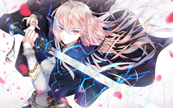 An anime warrior with blonde hair and a sword, surrounded by petals. The HD desktop wallpaper showcases an intense and dynamic pose.