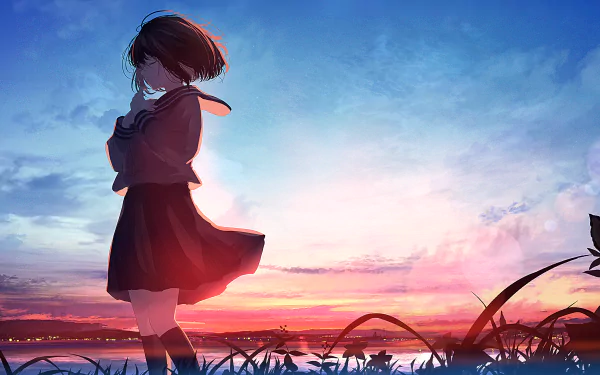 Anime-style original artwork of a schoolgirl standing in a field at sunset, rendered in vibrant 4K Ultra HD detail as a PC desktop wallpaper background.