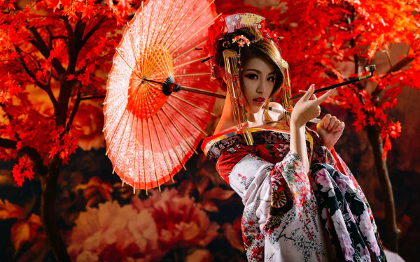 umbrella lipstick headdress brunette kimono model woman asian HD Desktop Wallpaper | Background Image
