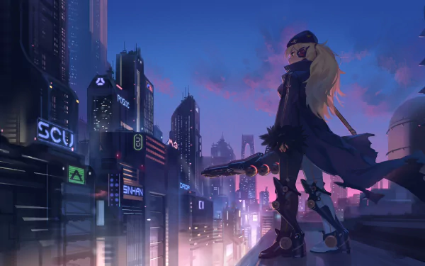 A blonde character stands on a rooftop overlooking a futuristic cityscape at dusk, featuring glowing buildings and signage from the video game Tetra Cube.