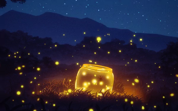Original anime night scene: a glowing jar of fireflies in tall grass beneath a starry sky — HD PC desktop wallpaper/background.
