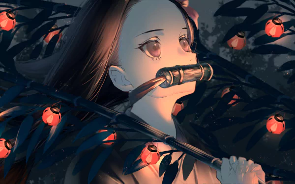 HD wallpaper of Nezuko Kamado from Demon Slayer, featuring her with long black hair and red eyes, amidst bamboo under a night sky.