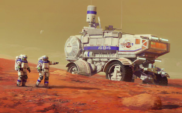 HD Sci-Fi desktop wallpaper featuring two astronauts in space suits standing on a reddish, rocky terrain with a futuristic rover vehicle in the background.