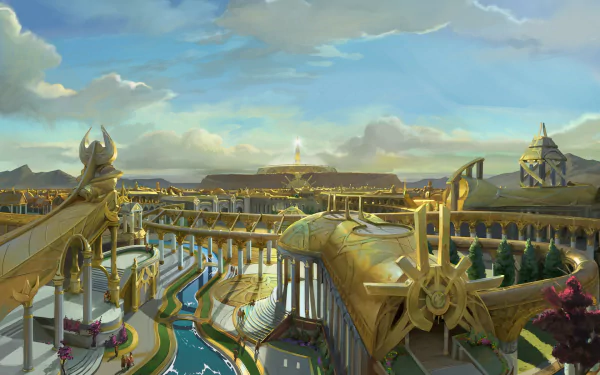 HD PC desktop wallpaper of The Dragon Prince TV show: panoramic golden capital with waterways, ornate bridges and a distant palace beneath a bright, cloud-streaked sky.