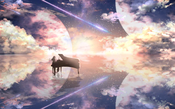 Anime-style HD wallpaper depicts a piano under a starry sky with a shooting star and planet. The cloud-filled sky and piano are beautifully reflected on a glass-like surface.