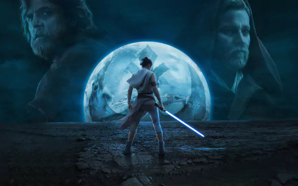 HD Star Wars: The Rise of Skywalker desktop wallpaper featuring Rey with a lightsaber, with ghostly images of Obi-Wan Kenobi, Luke Skywalker, and a large moon in the background.