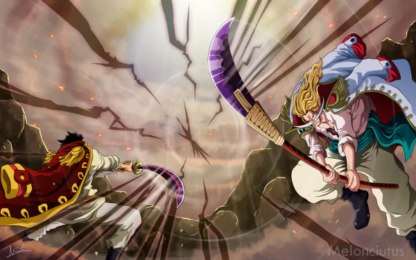 HD wallpaper featuring Gol D. Roger and Edward Newgate from the anime One Piece in a dynamic clash with intense energy and a dramatic sky background.