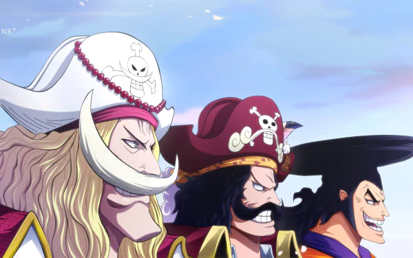 HD anime wallpaper featuring Gol D. Roger, Edward Newgate, and Kozuki Oden from One Piece, showcasing their determined expressions against a clear sky background.