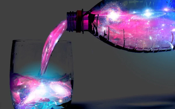 HD desktop wallpaper of a glass being filled with a liquid that looks like a colorful, cosmic space scene. The artistic image features vibrant pink, blue, and purple shades, creating a mesmerizing effect.