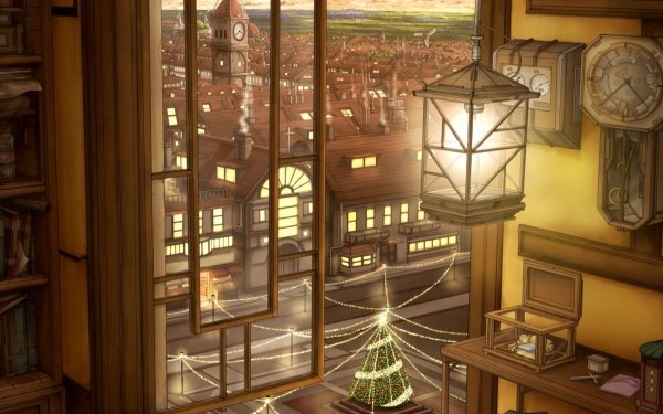Anime Original City Christmas Lights Christmas Tree Sunset HD Wallpaper | Background Image