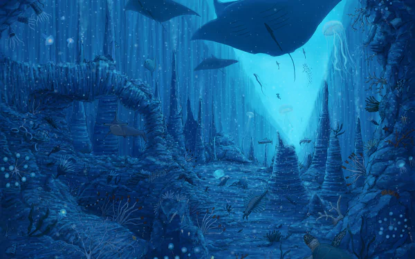 Anime-style HD PC desktop wallpaper depicting an underwater scene with manta rays, sharks, and various fish swimming among coral and rock formations.