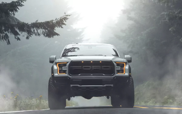 Front view of a Ford F-150 Raptor driving on a misty road, captured in 4K Ultra HD as a striking PC desktop wallpaper background.