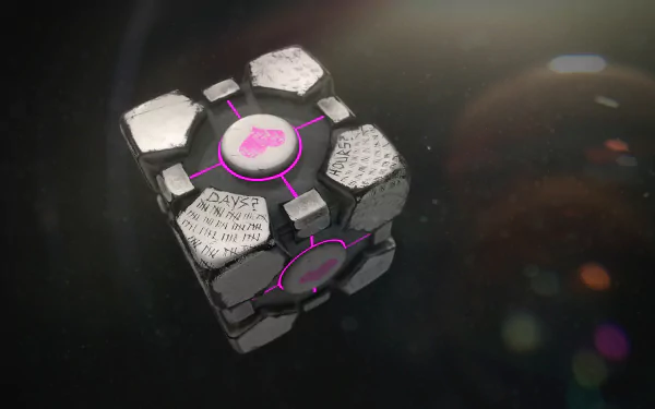 HD PC desktop wallpaper showing Portal 2 Weighted Companion Cube, worn with pink glowing heart and scratched notes, floating against a dark background with subtle lens flares.