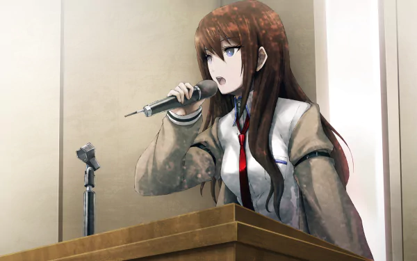 HD desktop wallpaper featuring Kurisu Makise from Steins;Gate, animated character speaking into a microphone at a podium.