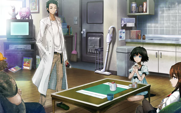 A vibrant HD wallpaper featuring characters Mayuri Shiina, Kurisu Makise, and Rintaro Okabe from the anime Steins;Gate, set in a detailed kitchen scene.