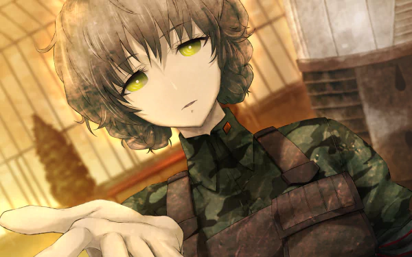 HD desktop wallpaper of Suzuha Amane (Steins;Gate): anime portrait with short wavy brown hair, yellow-green eyes, camo military vest, reaching hand against a warm sepia background.