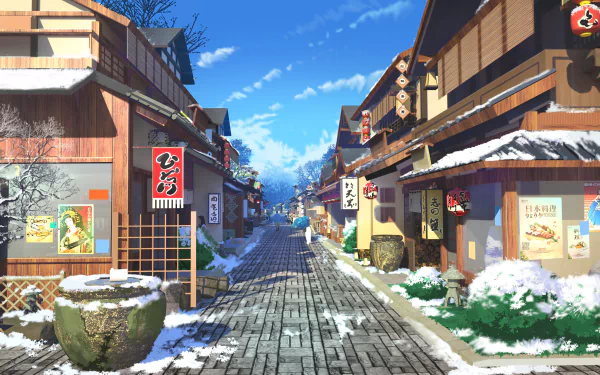 An HD anime-style wallpaper of a snow-covered street lined with traditional houses on a clear winter day.