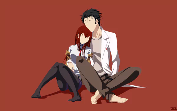 4K Ultra HD anime wallpaper featuring Rintaro Okabe and Kurisu Makise from Steins;Gate sitting closely against a solid red background.