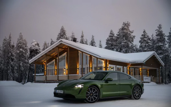 green car winter car Porsche snow vehicle Porsche Taycan 4S HD Desktop Wallpaper | Background Image